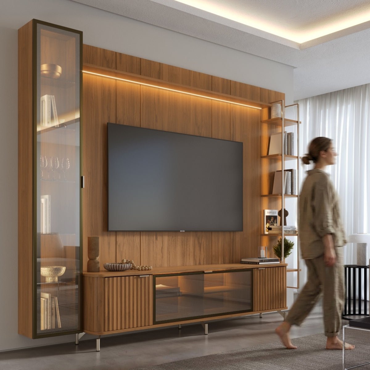 Estante para TV até 85 Polegadas com Prateleiras e Cristaleira Vidro Reflecta 100% MDF com Led Neon Float 291cm - Província - Rack com painel