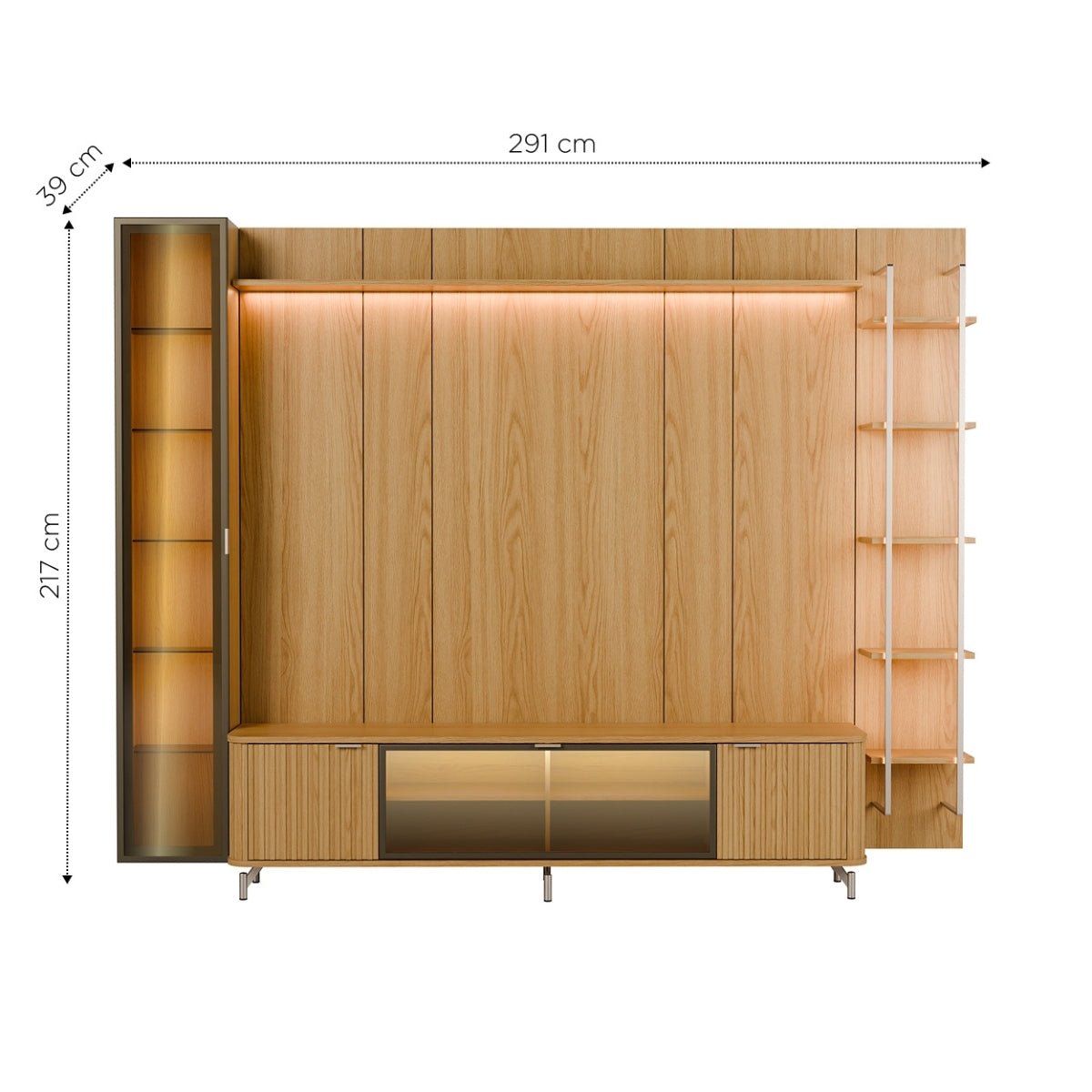 Estante para TV até 85 Polegadas com Prateleiras e Cristaleira Vidro Reflecta 100% MDF com Led Neon Float 291cm - Província - Rack com painel