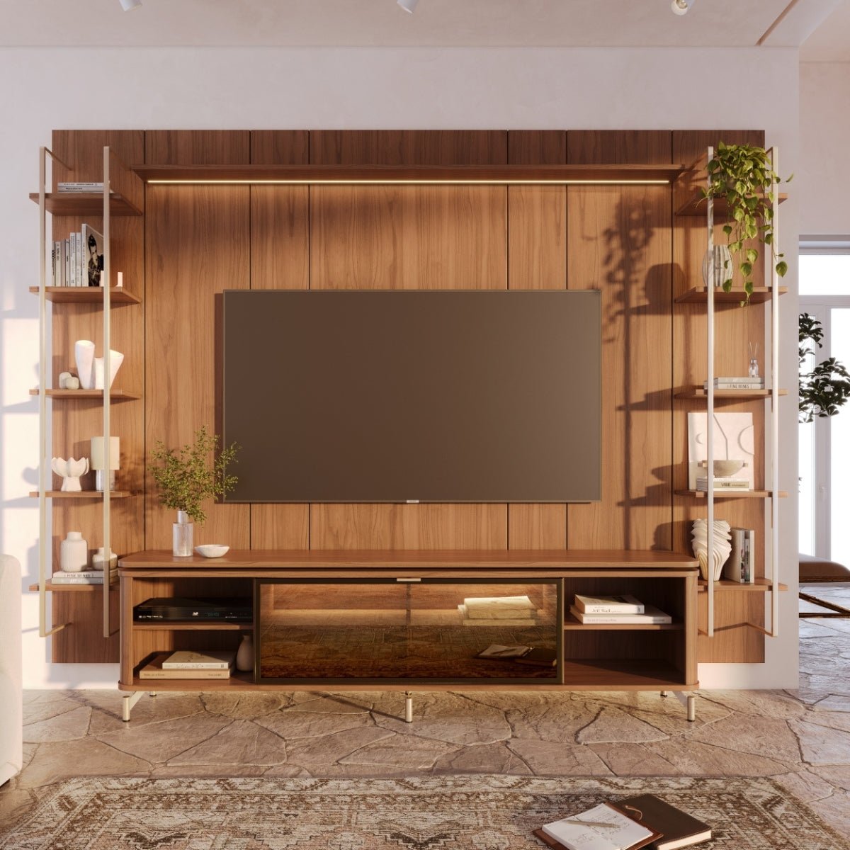 Estante para TV até 85 Polegadas Vidro Reflecta com Prateleiras 100% MDF com Led Lincoln Float 291cm - Província - Rack com painel
