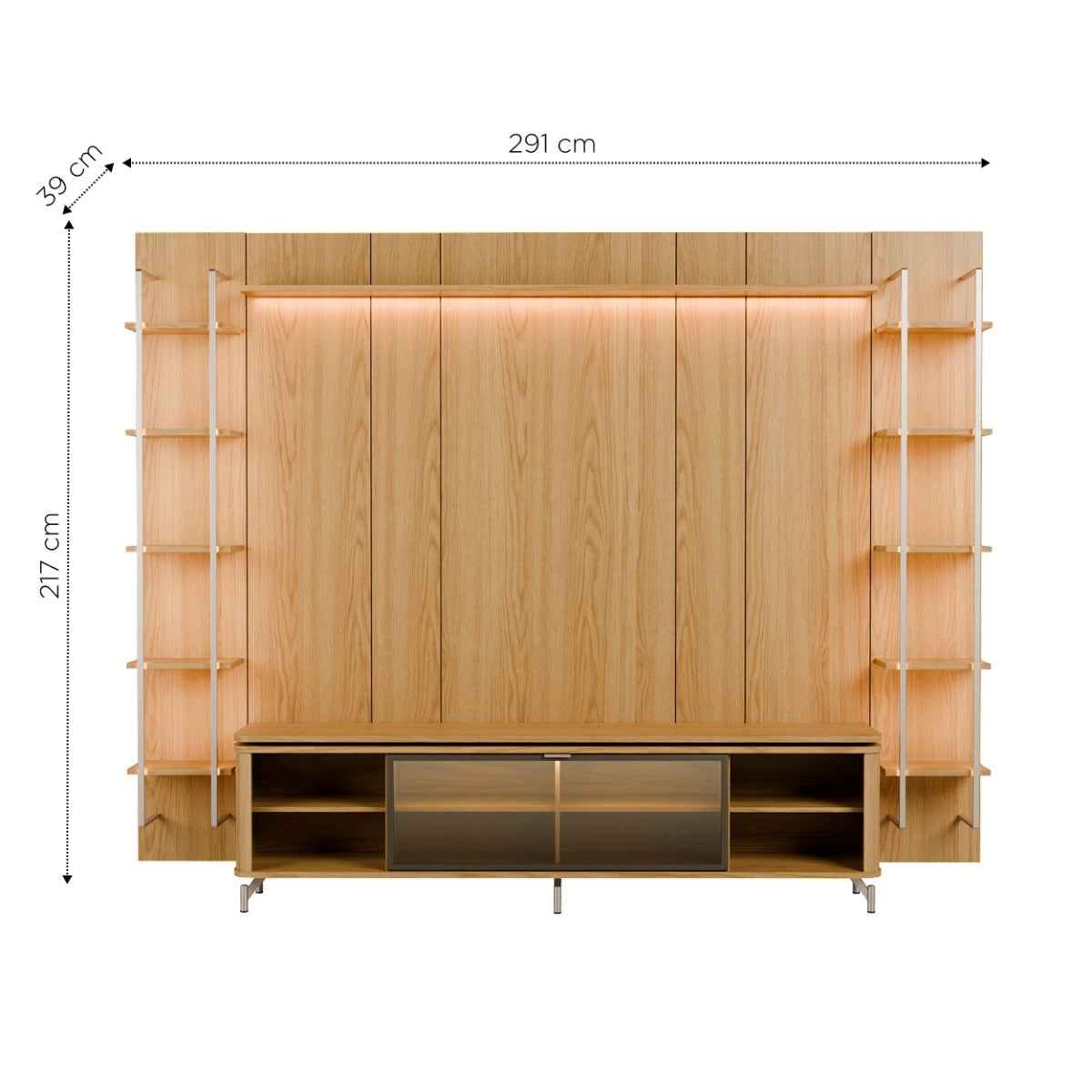 Estante para TV até 85 Polegadas Vidro Reflecta com Prateleiras 100% MDF com Led Lincoln Float 291cm - Província - Rack com painel