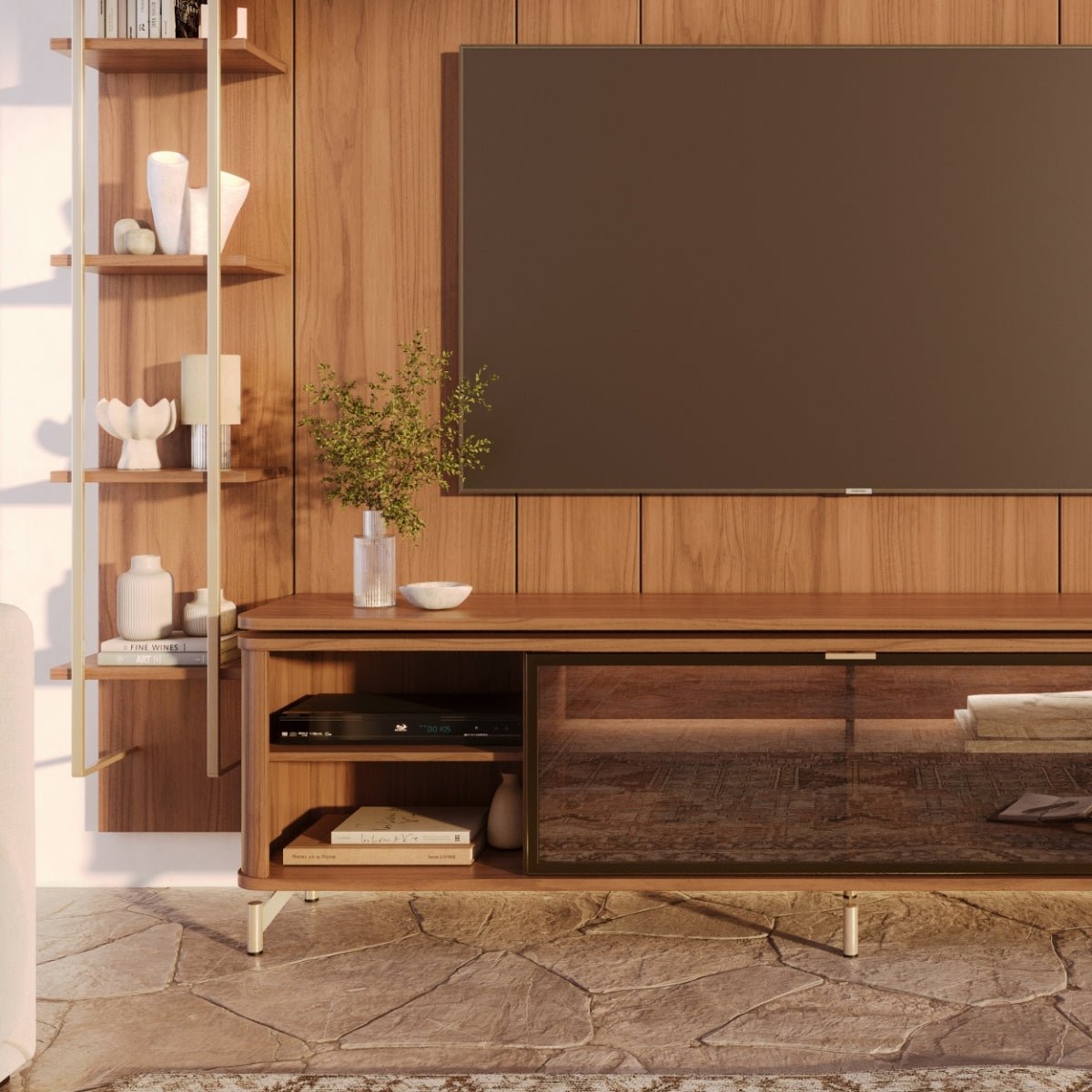 Estante para TV até 85 Polegadas Vidro Reflecta com Prateleiras 100% MDF com Led Lincoln Float 291cm - Província - Rack com painel