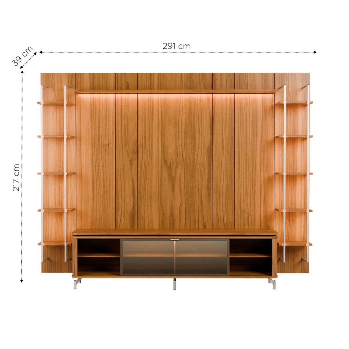 Estante para TV até 85 Polegadas Vidro Reflecta com Prateleiras 100% MDF com Led Lincoln Float 291cm - Província - Rack com painel