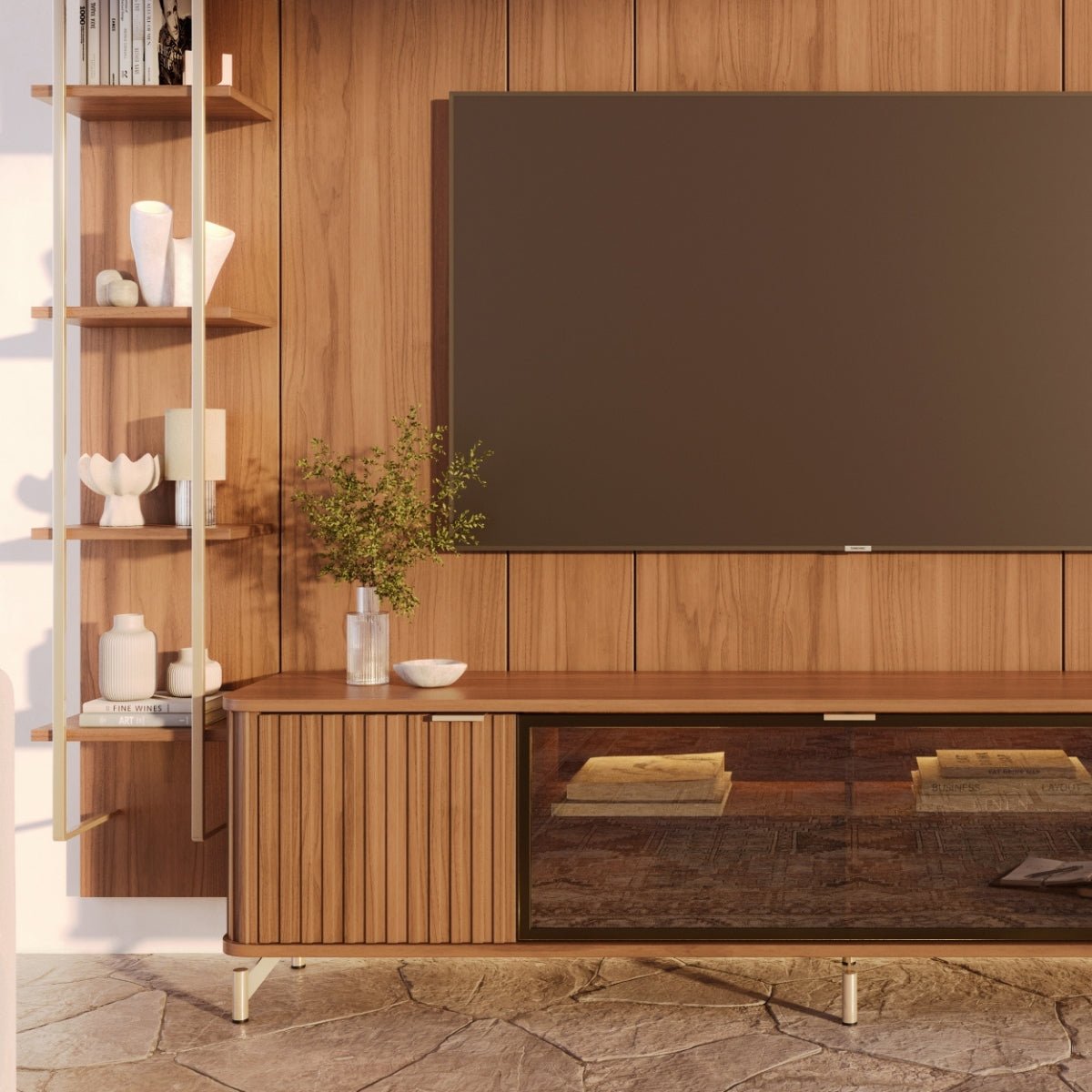 Estante para TV até 85 Polegadas Vidro Reflecta com Prateleiras 100% MDF com Led Neon Float 291cm - Província - Rack com painel