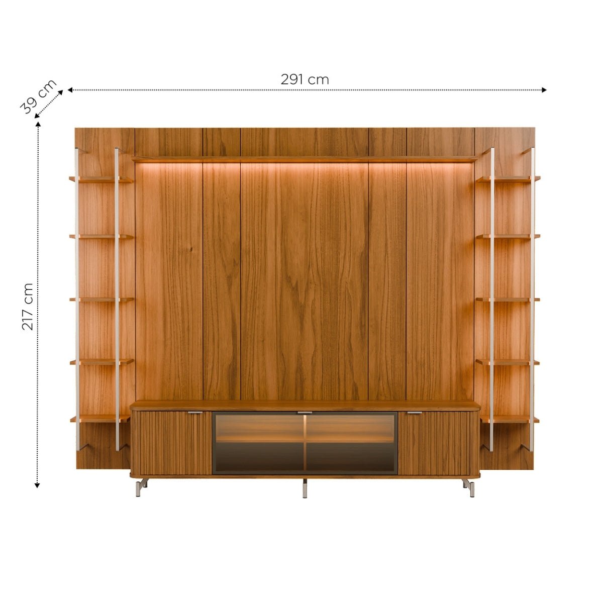 Estante para TV até 85 Polegadas Vidro Reflecta com Prateleiras 100% MDF com Led Neon Float 291cm - Província - Rack com painel