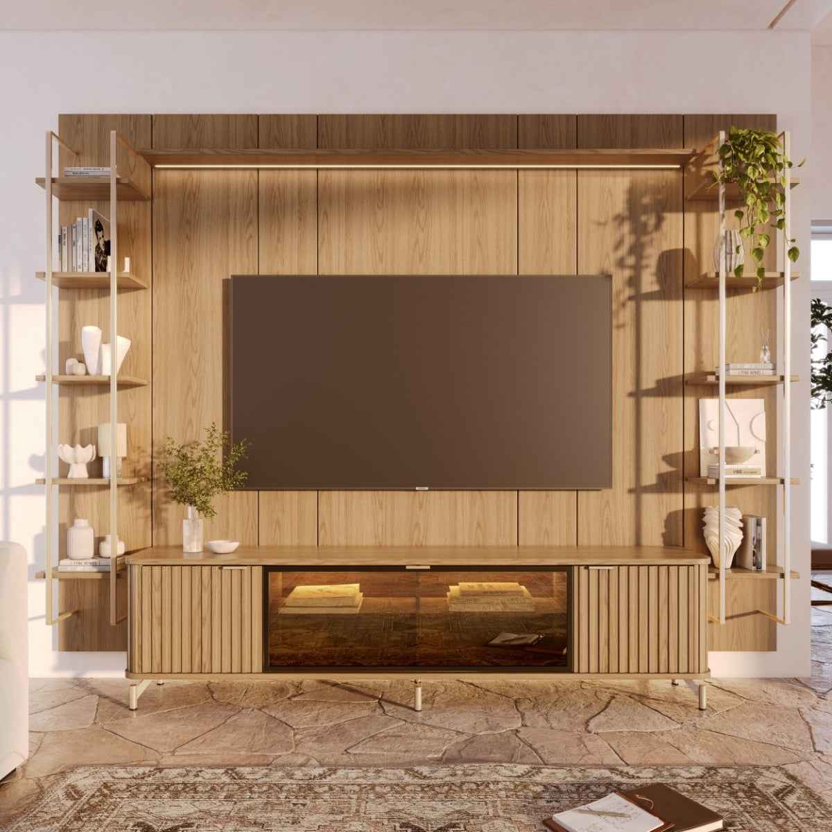 Estante para TV até 85 Polegadas Vidro Reflecta com Prateleiras 100% MDF com Led Neon Float 291cm - Província - Rack com painel