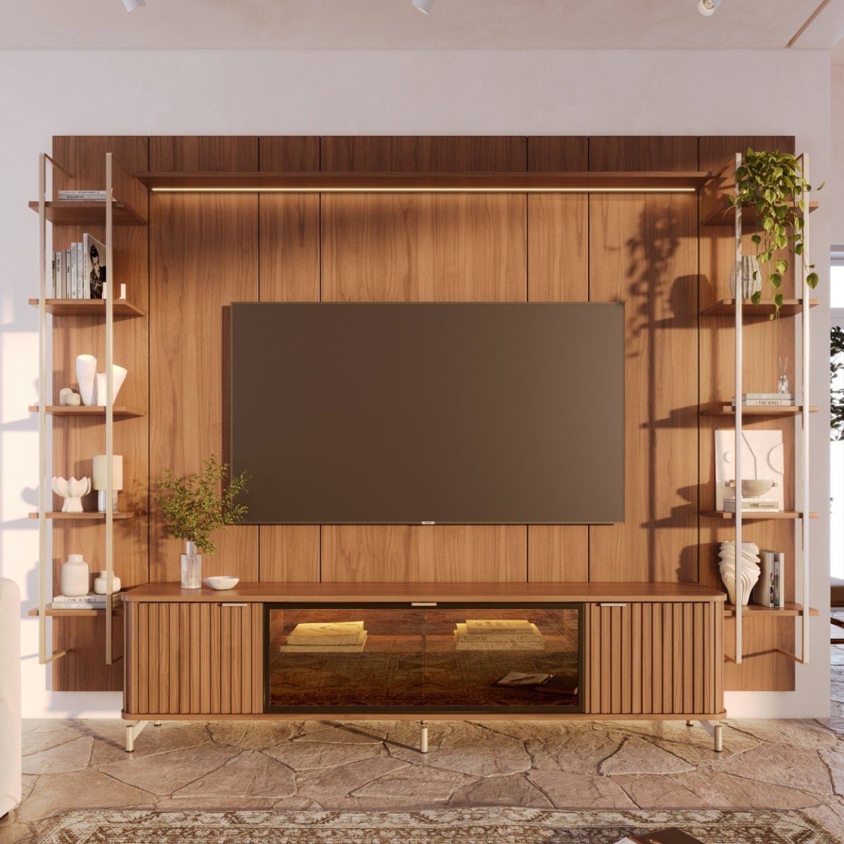 Estante para TV até 85 Polegadas Vidro Reflecta com Prateleiras 100% MDF com Led Neon Float 291cm - Província - Rack com painel