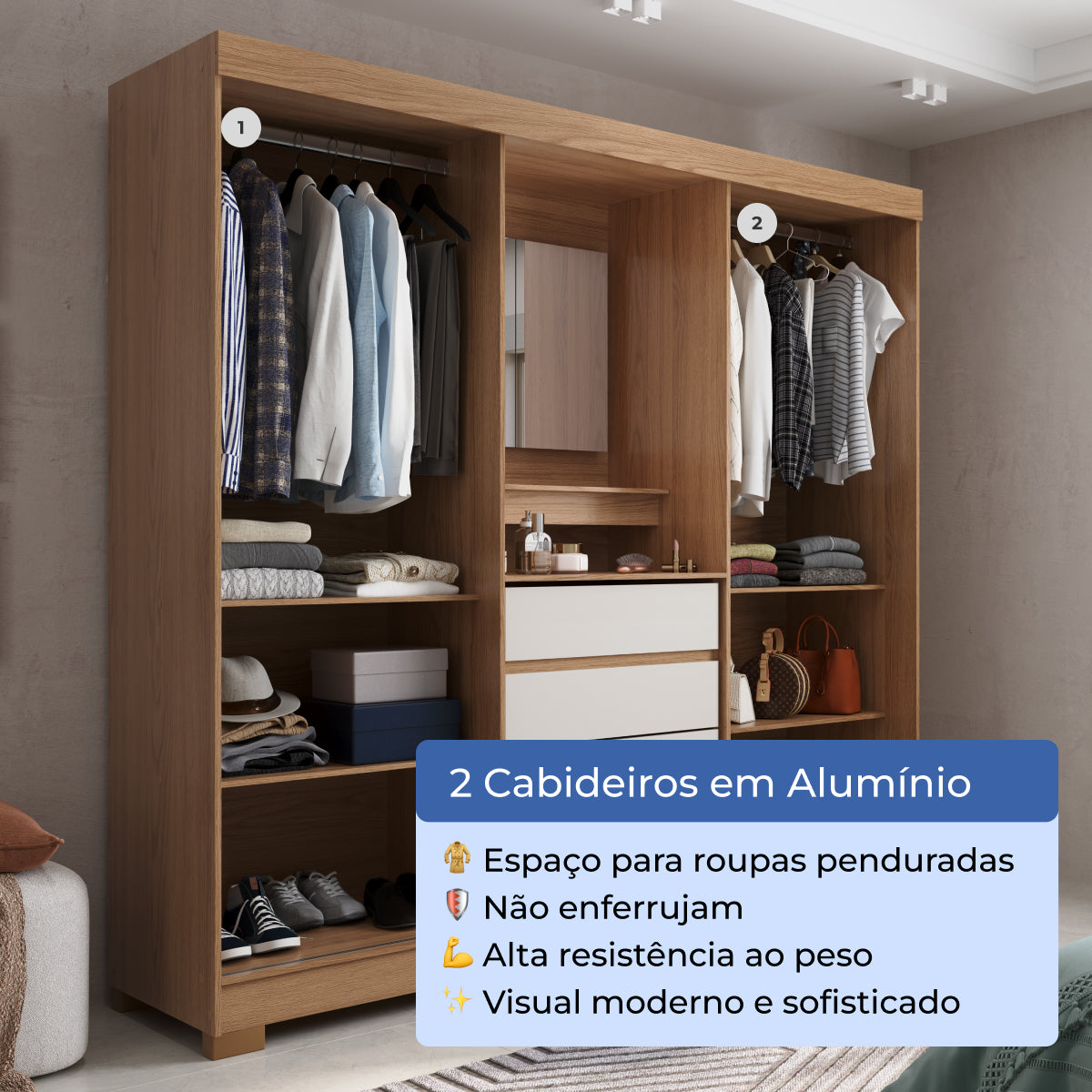 Guarda Roupa Casal com Espelho 2 Portas de Correr 4 Gavetas Ítalo Carvalho com Off-White