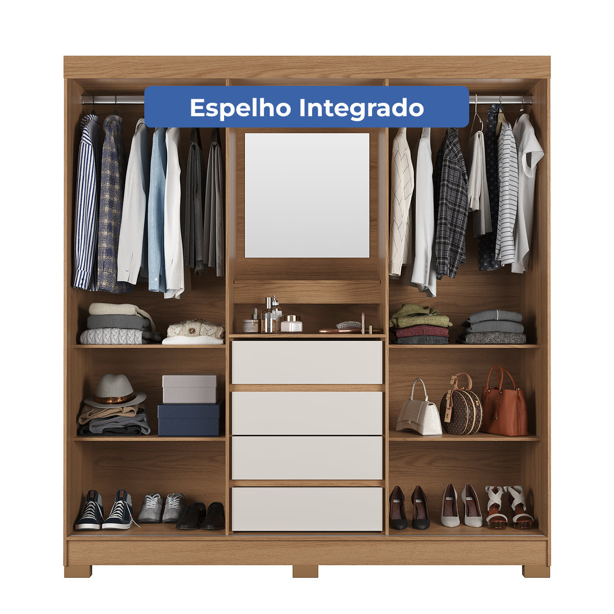 Guarda Roupa Casal com Espelho 2 Portas de Correr 4 Gavetas Ítalo Carvalho com Off-White