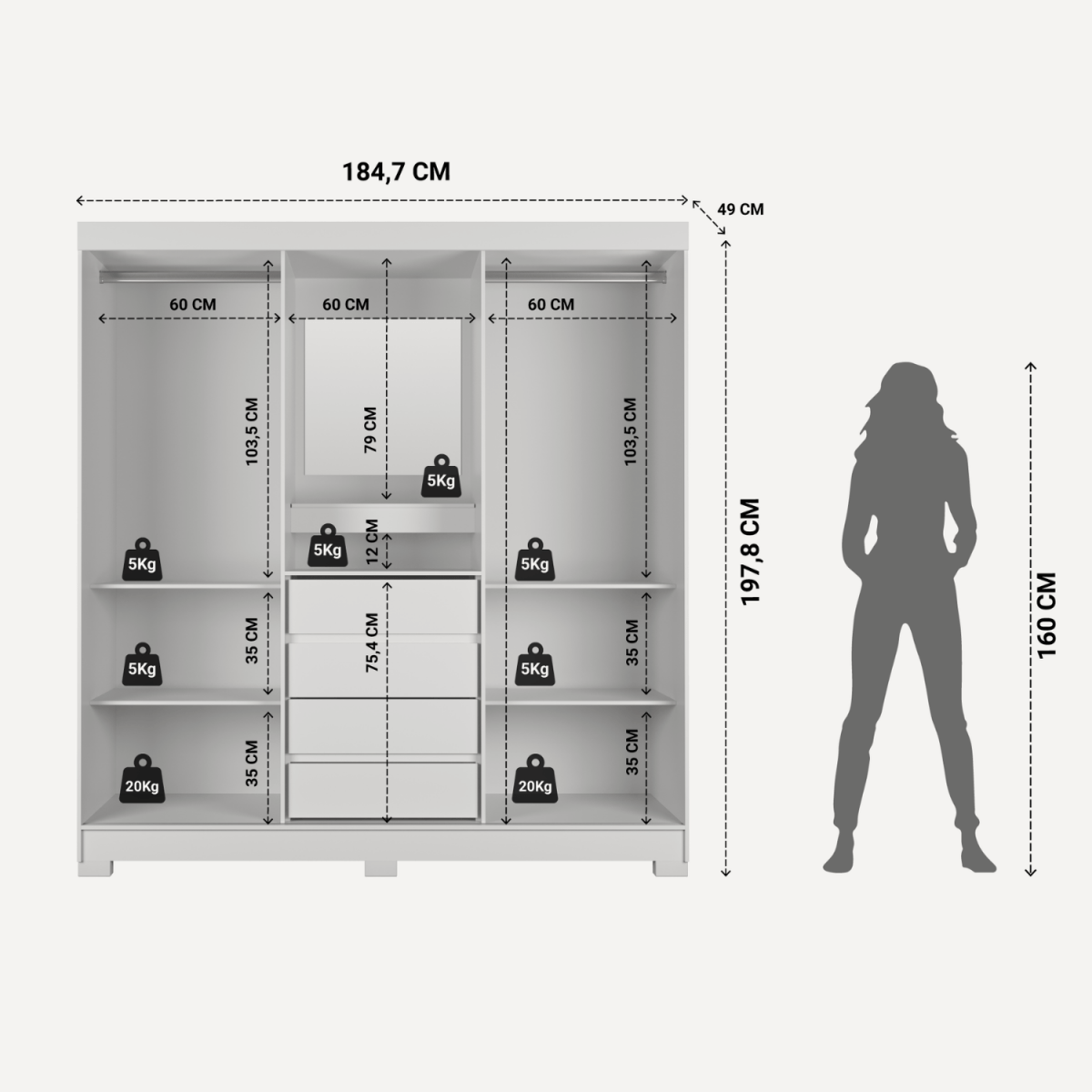 Guarda - Roupa 2 Portas de Correr c/ Espelho Italo 184cm Branco - Província - Guarda - roupas
