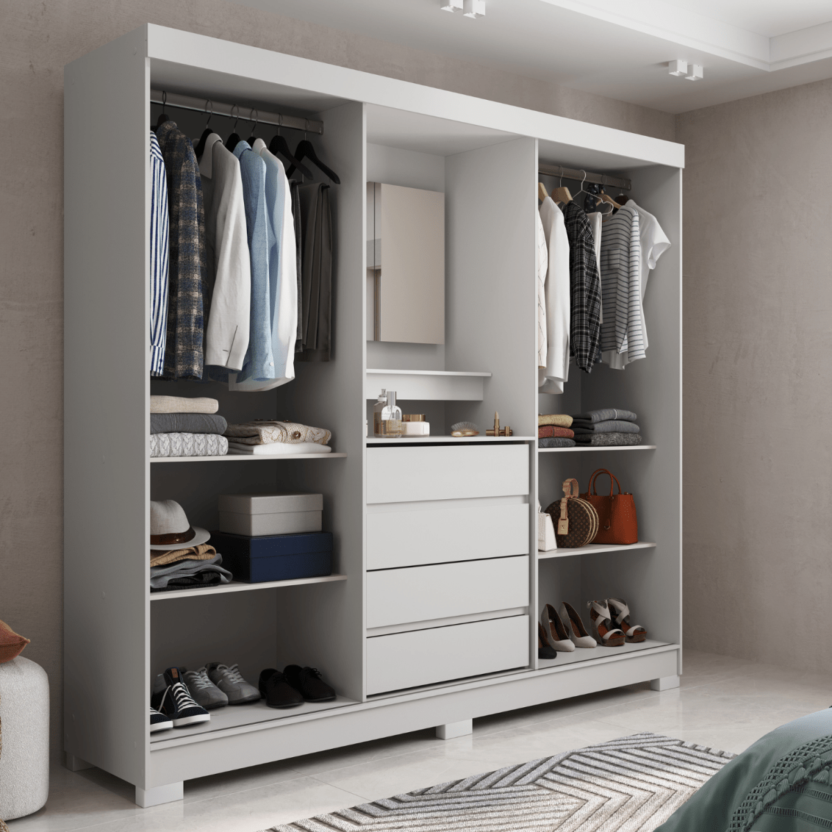 Guarda - Roupa 2 Portas de Correr c/ Espelho Italo 184cm Branco - Província - Guarda - roupas