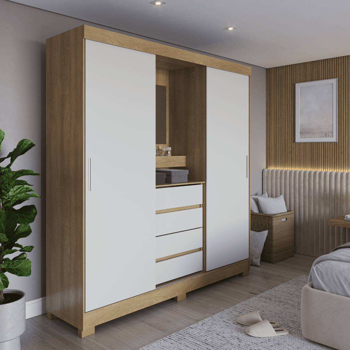 Guarda - Roupa 2 Portas de Correr c/ Espelho Italo 184cm Carvalho Off White - Província - Guarda - roupas