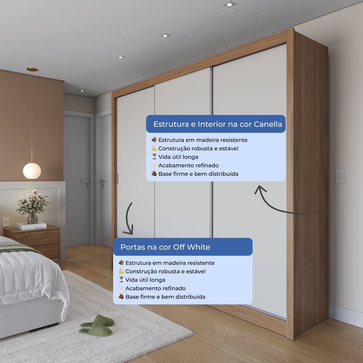 Guarda - Roupa Casal 3 Portas de Correr 6 Gavetas Montclair 275cm Canella com Off - White Fosco - Província - Guarda - roupas