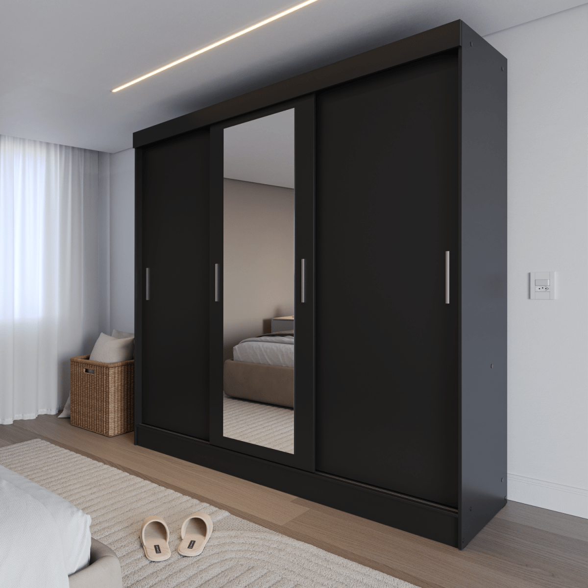 Guarda Roupa Casal 3 Portas de Correr c/ Espelho Vittorio 172cm Preto - Província - Guarda - roupas