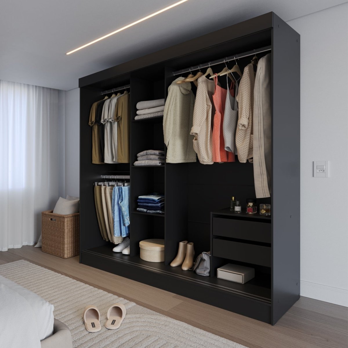 Guarda Roupa Casal 3 Portas de Correr c/ Espelho Vittorio 172cm Preto - Província - Guarda - roupas