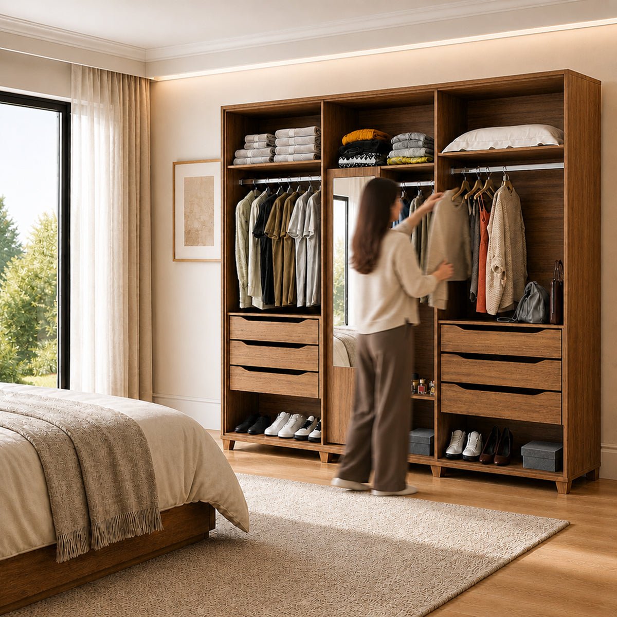 Guarda Roupa Casal 6 portas 100% MDF com Espelho Interno Rockford 274cm Canella com Off - White Fosco - Província - Guarda - roupas