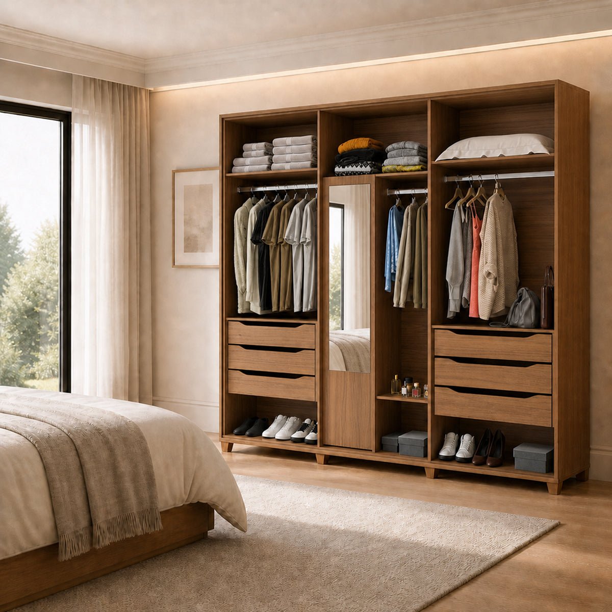 Guarda Roupa Casal 6 portas 100% MDF com Espelho Interno Rockford 274cm Canella com Off - White Fosco - Província - Guarda - roupas