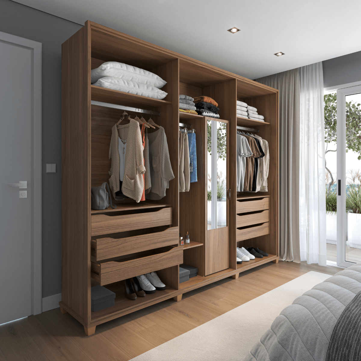 Guarda - Roupa Casal 6 portas 100% MDF com Espelho Interno Rockford 274cm Canella - Província - Guarda - roupas