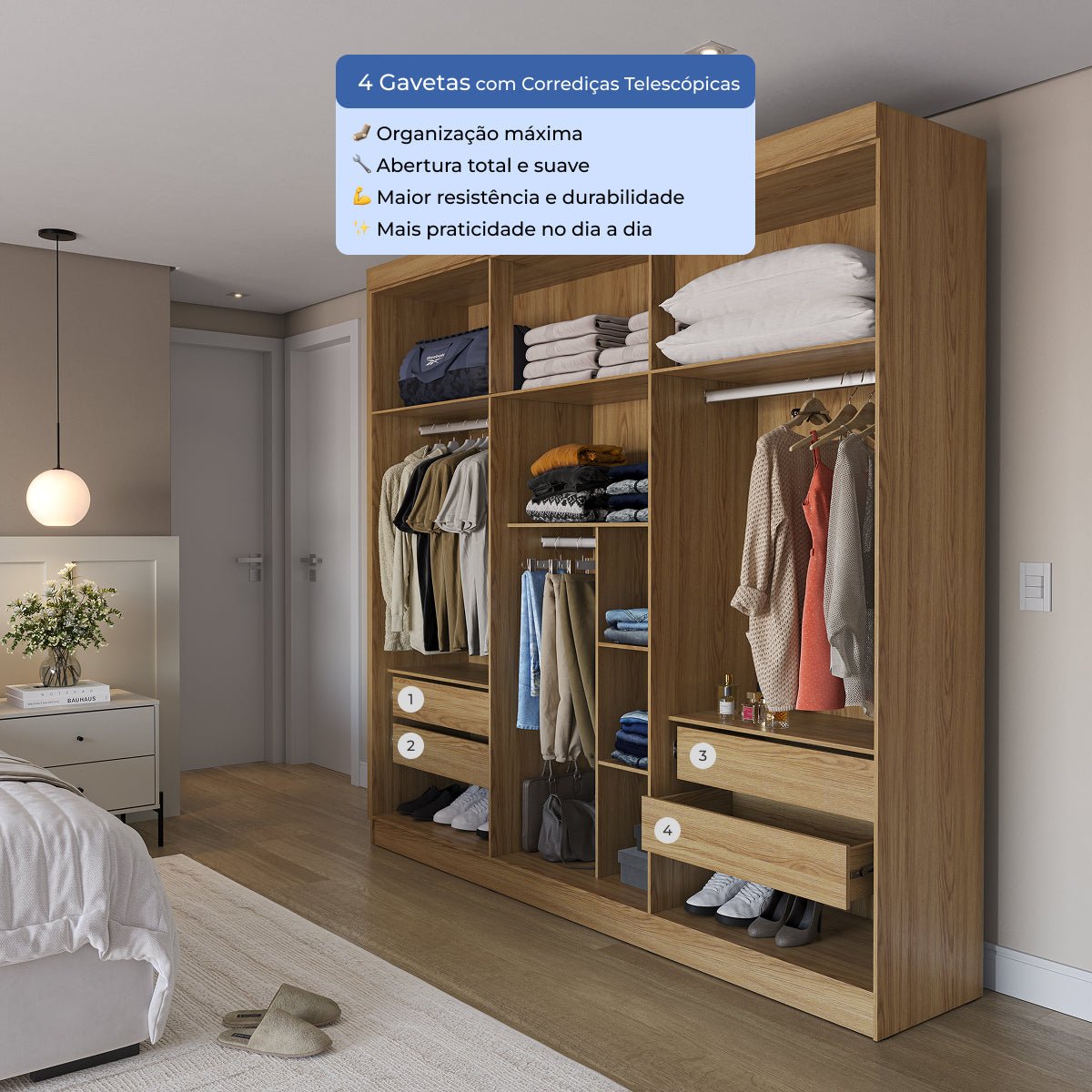 Guarda Roupa Casal 6 Portas 4 Gavetas Lazzaro 231cm Carvalho - Província - Guarda - roupas