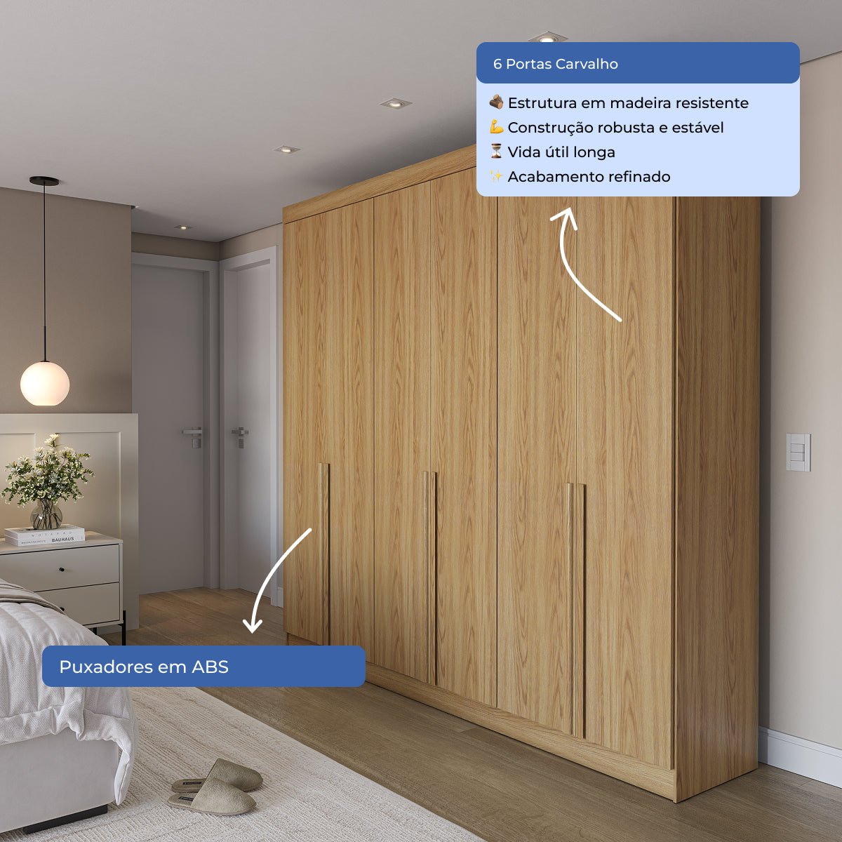 Guarda Roupa Casal 6 Portas 4 Gavetas Lazzaro 231cm Carvalho - Província - Guarda - roupas