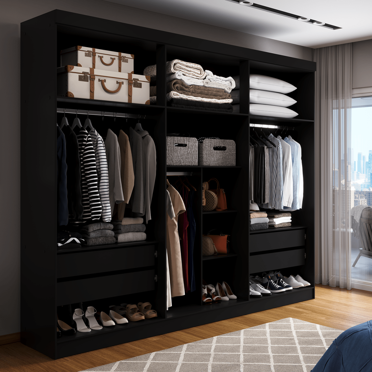 Guarda - Roupa Casal 6 Portas 4 Gavetas Lazzaro 231cm Preto - Província - Guarda - roupas