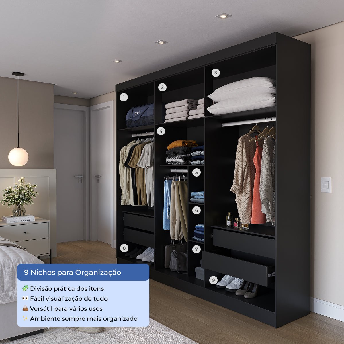 Guarda Roupa Casal 6 Portas 4 Gavetas Lazzaro 231cm Preto - Província - Guarda - roupas