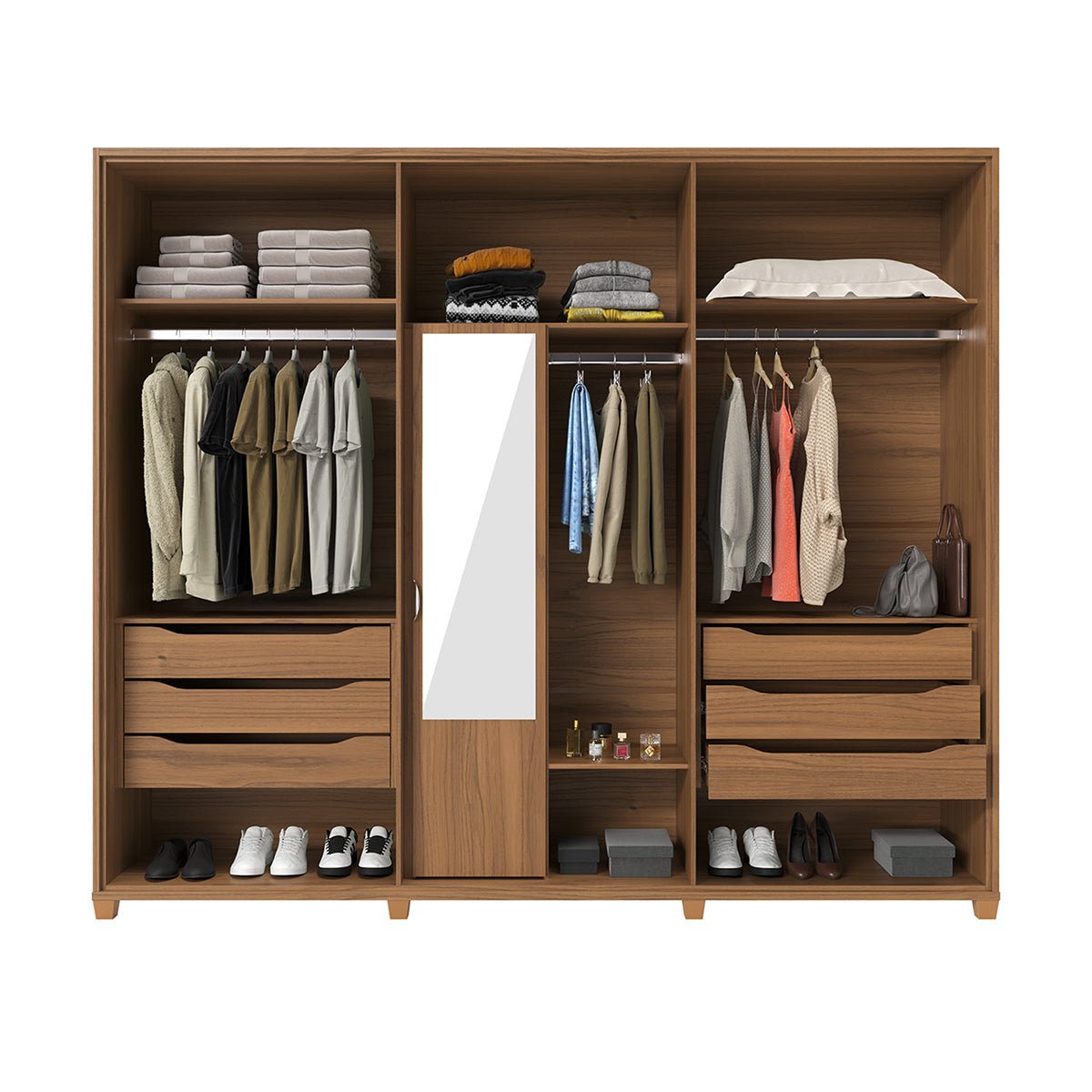Guarda Roupa Casal 6 Portas 6 Gavetas 100% MDF com Espelho Interno Rockford 274cm Canella - Província - Guarda - roupas