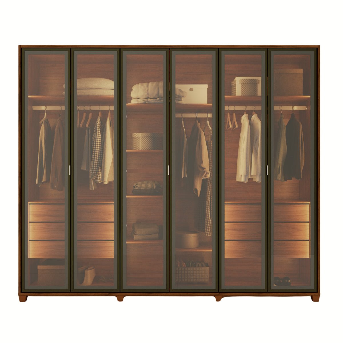 Guarda Roupa Casal 6 Portas Reflecta com Led 100% MDF Speculum 274cm Canella - Província - Guarda-roupas
