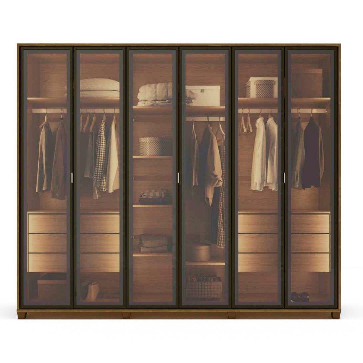 Guarda Roupa Casal 6 Portas Reflecta com Led 100% MDF Speculum 274cm Carvalho - Província - Guarda-roupas