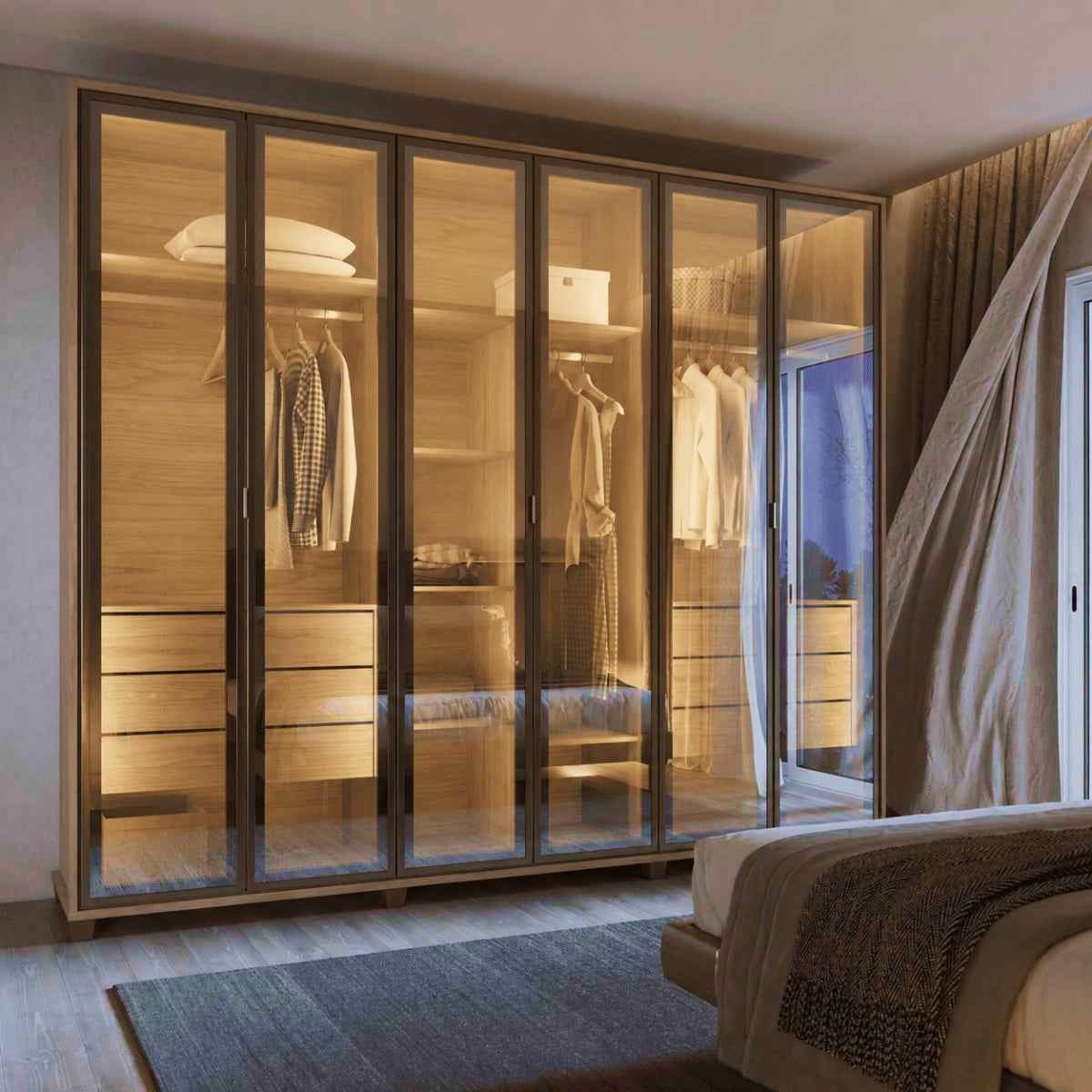 Guarda Roupa Casal 6 Portas Reflecta com Led 100% MDF Speculum 274cm Carvalho - Província - Guarda-roupas