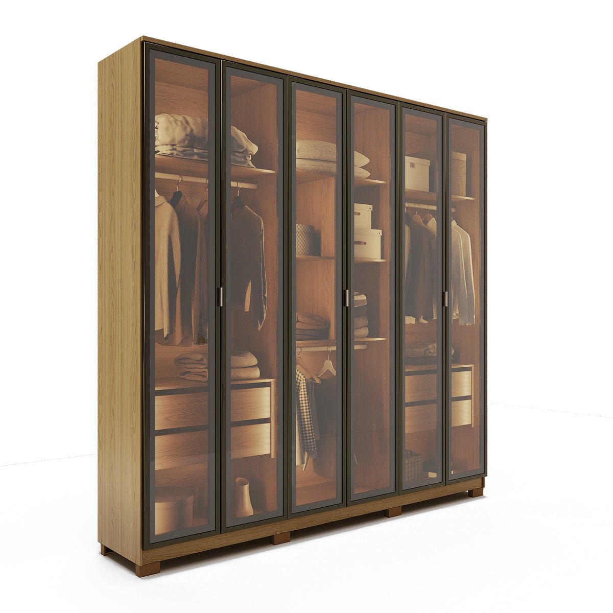 Guarda Roupa Casal 6 Portas Reflecta Float com Led Lucent 231cm Carvalho - Província - Guarda-roupas