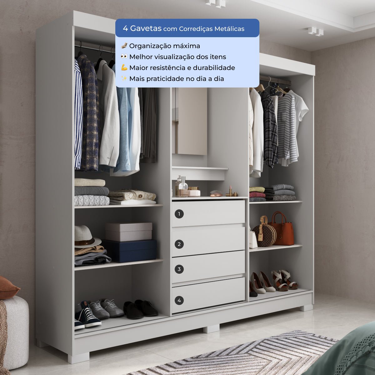 Guarda Roupa Casal com Espelho 2 Portas de Correr 4 Gavetas Ítalo Branco - Província - Guarda - roupas