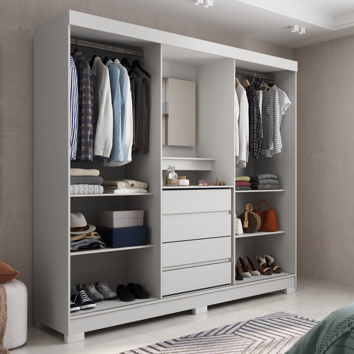 Guarda Roupa Casal com Espelho 2 Portas de Correr 4 Gavetas Ítalo Branco - Província - Guarda - roupas