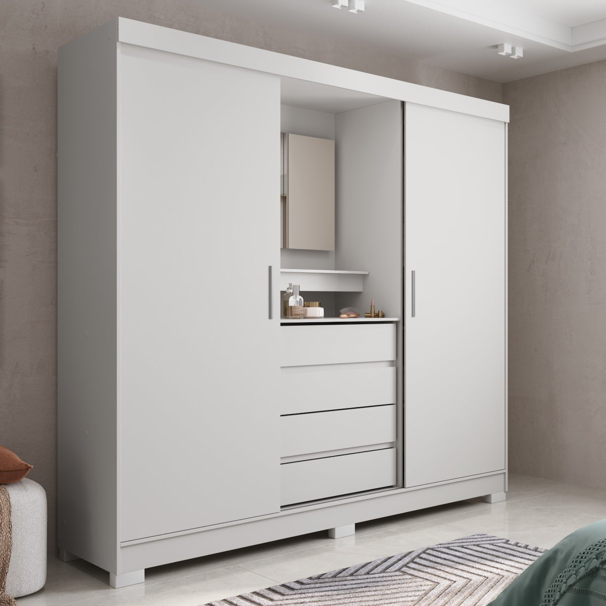 Guarda Roupa Casal com Espelho 2 Portas de Correr 4 Gavetas Ítalo Branco - Província - Guarda - roupas