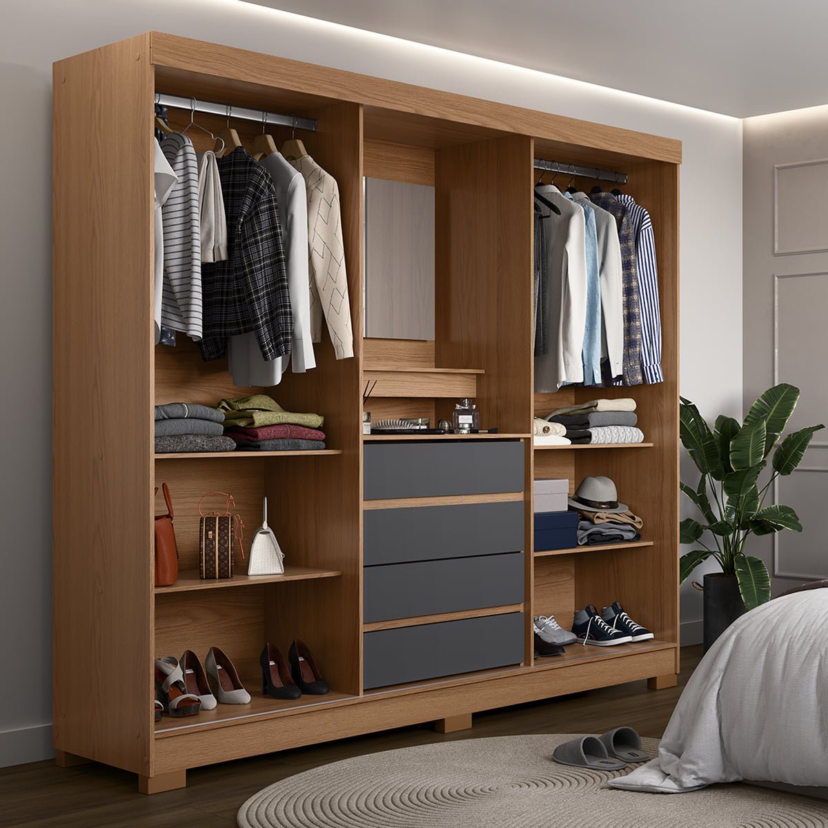 Guarda Roupa Casal com Espelho 2 Portas de Correr 4 Gavetas Ítalo Carvalho com Grafite - Província - Guarda - roupas