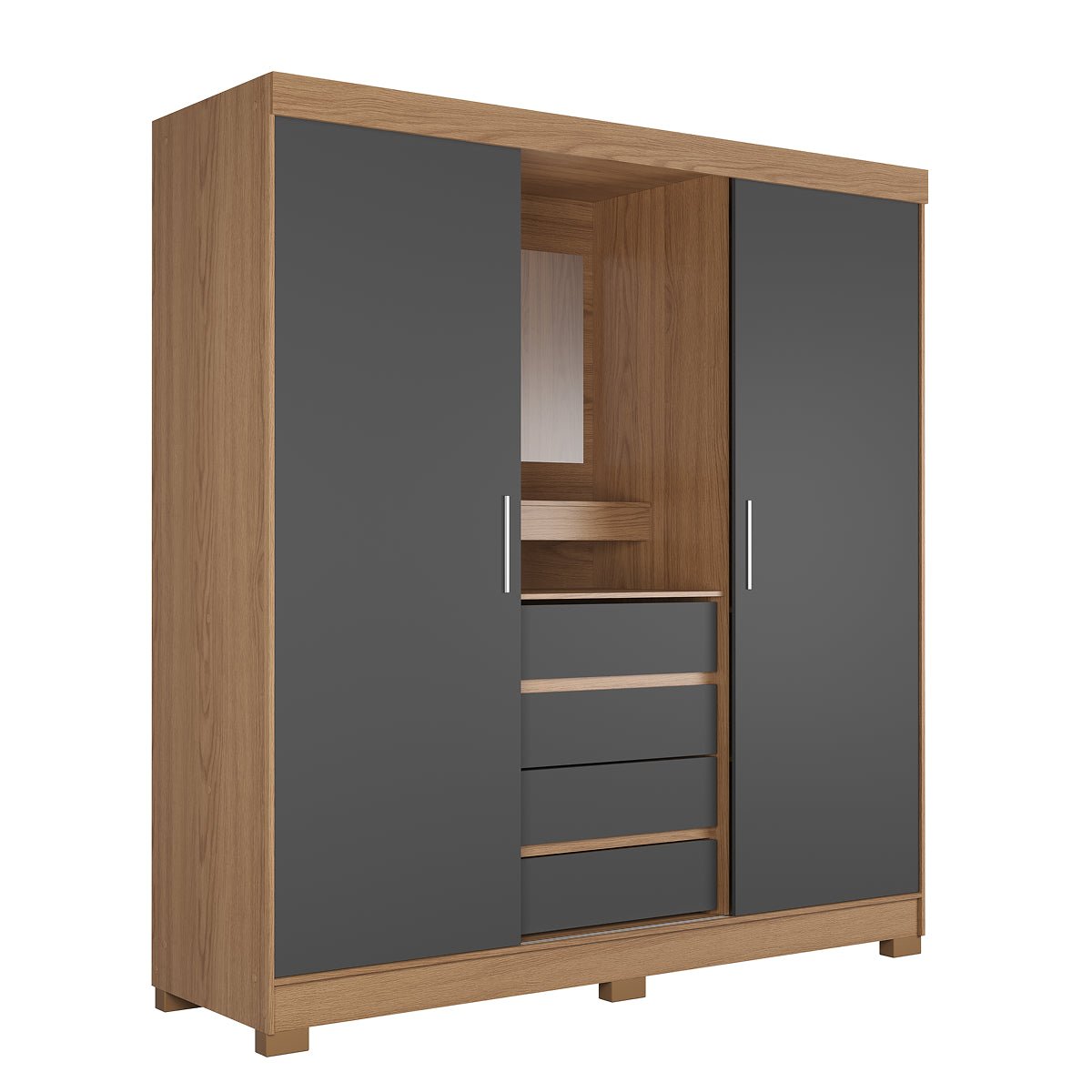 Guarda Roupa Casal com Espelho 2 Portas de Correr 4 Gavetas Ítalo Carvalho com Grafite - Província - Guarda - roupas