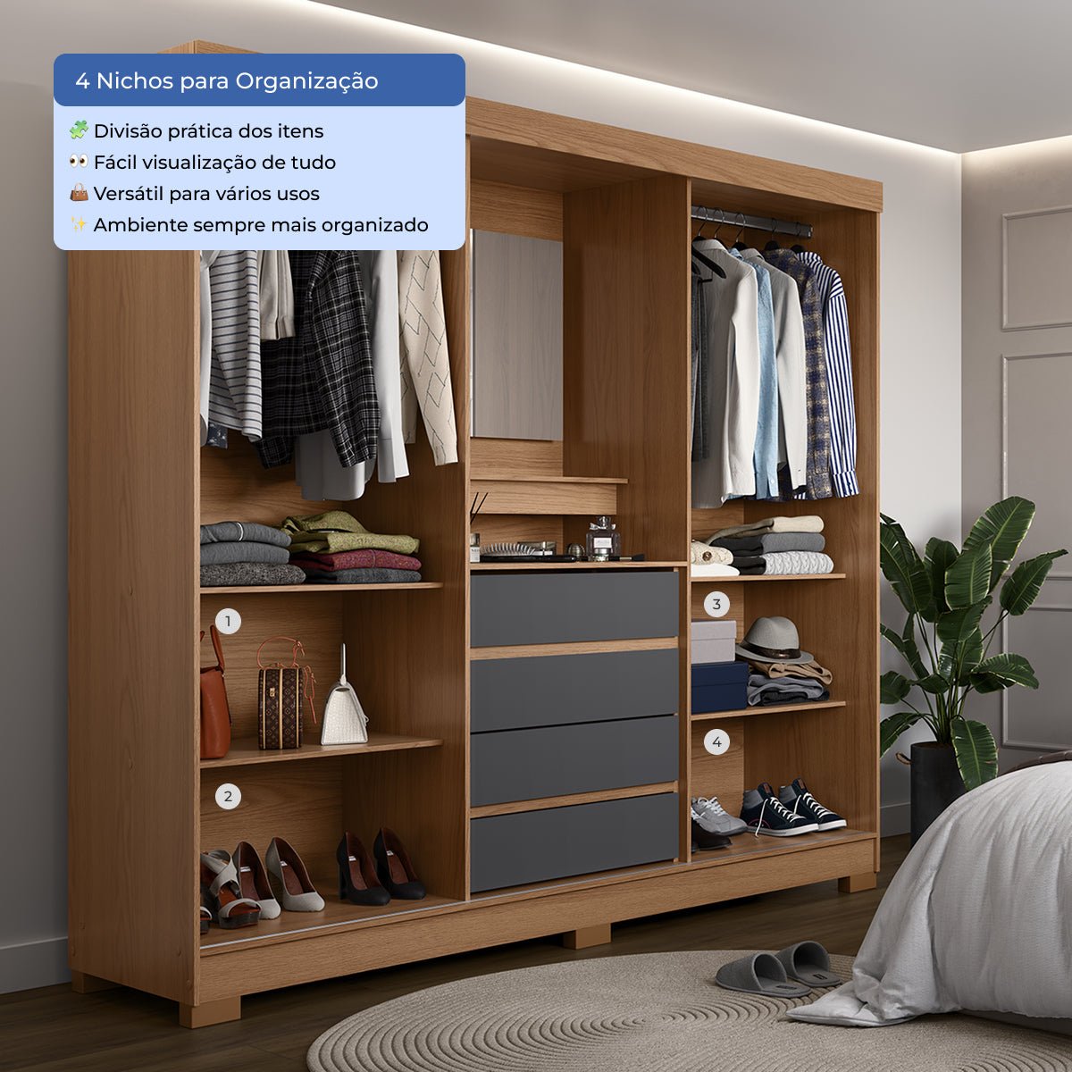 Guarda Roupa Casal com Espelho 2 Portas de Correr 4 Gavetas Ítalo Carvalho com Grafite - Província - Guarda - roupas