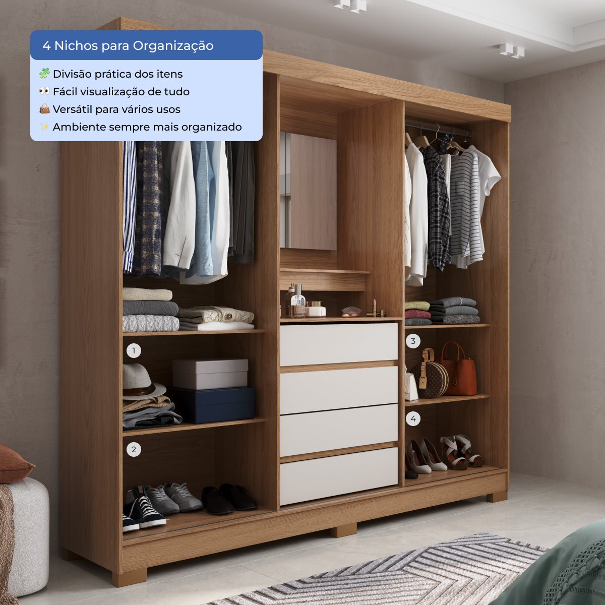 Guarda Roupa Casal com Espelho 2 Portas de Correr 4 Gavetas Ítalo Carvalho com Off - White - Província - Guarda - roupas