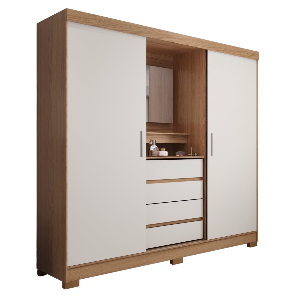 Guarda Roupa Casal com Espelho 2 Portas de Correr 4 Gavetas Ítalo Carvalho com Off - White - Província - Guarda - roupas