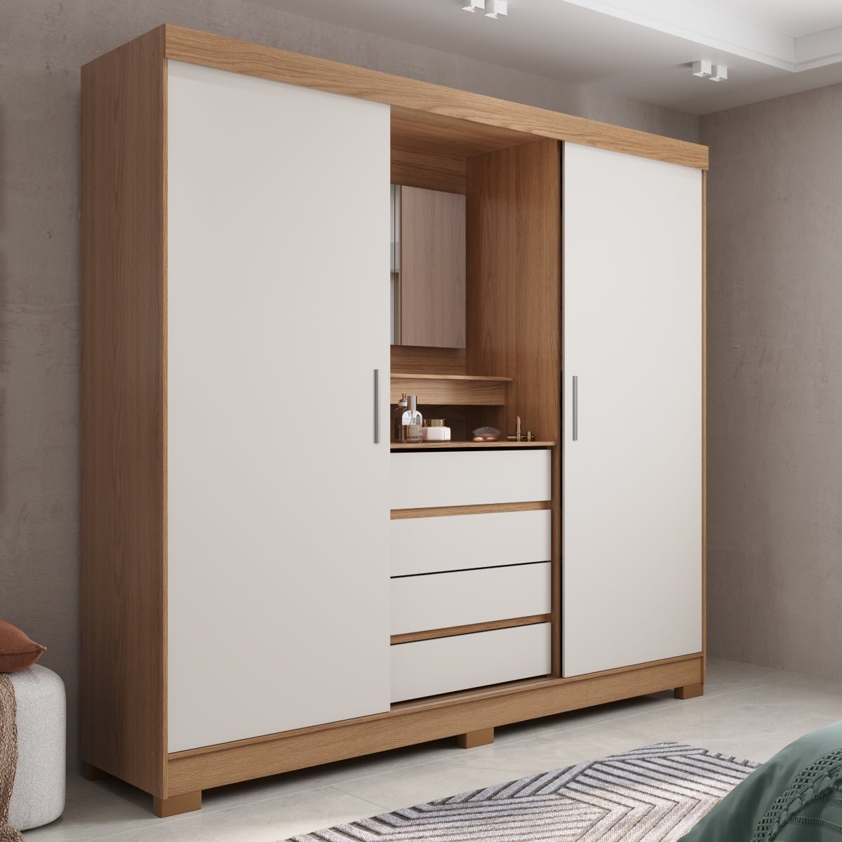 Guarda Roupa Casal com Espelho 2 Portas de Correr 4 Gavetas Ítalo Carvalho com Off - White - Província - Guarda - roupas