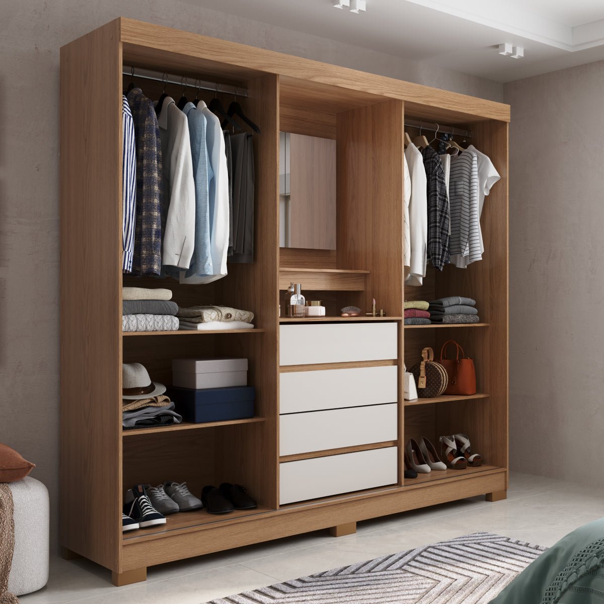 Guarda Roupa Casal com Espelho 2 Portas de Correr 4 Gavetas Ítalo Carvalho com Off - White - Província - Guarda - roupas