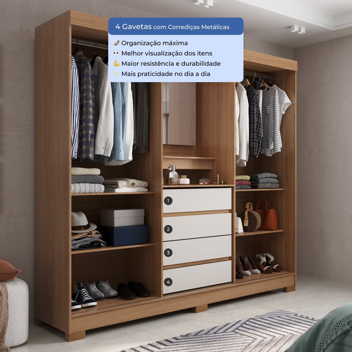 Guarda Roupa Casal com Espelho 2 Portas de Correr 4 Gavetas Ítalo Carvalho com Off - White - Província - Guarda - roupas