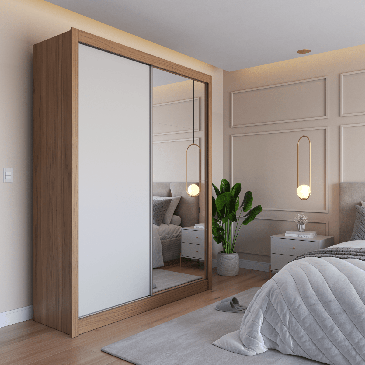 Guarda - Roupa Casal com Espelho 2 Portas de Correr 4 Gavetas Montclair 186cm Canella com Off - White Fosco - Província - Guarda - roupas