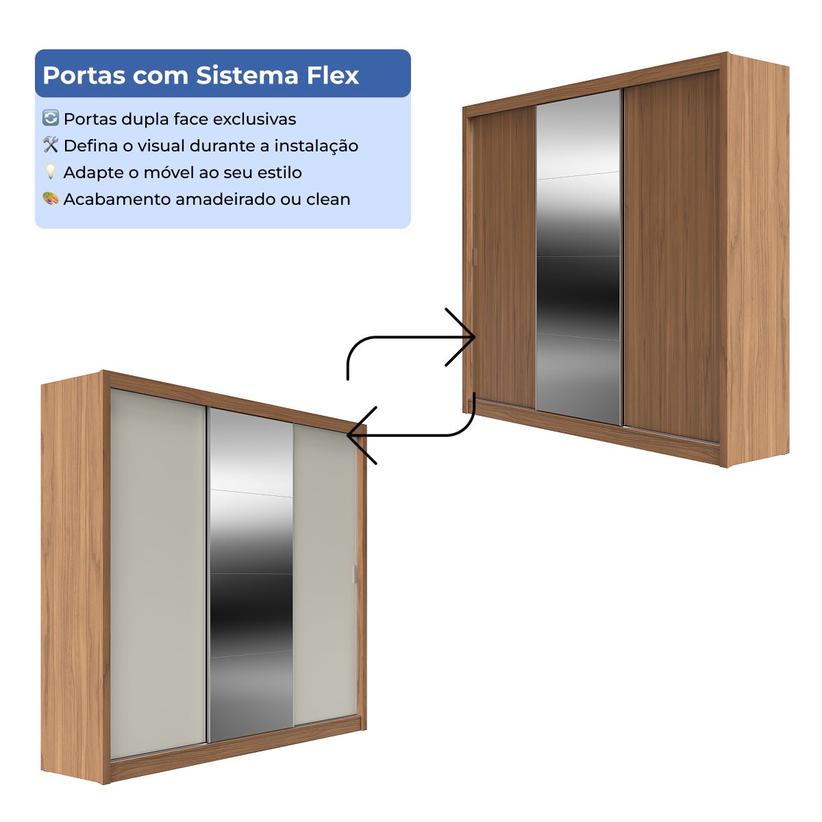 Guarda - Roupa Casal com Espelho 3 Portas de Correr 6 Gavetas Montclair 275cm Canella com Off - White Fosco - Província - Guarda - roupas