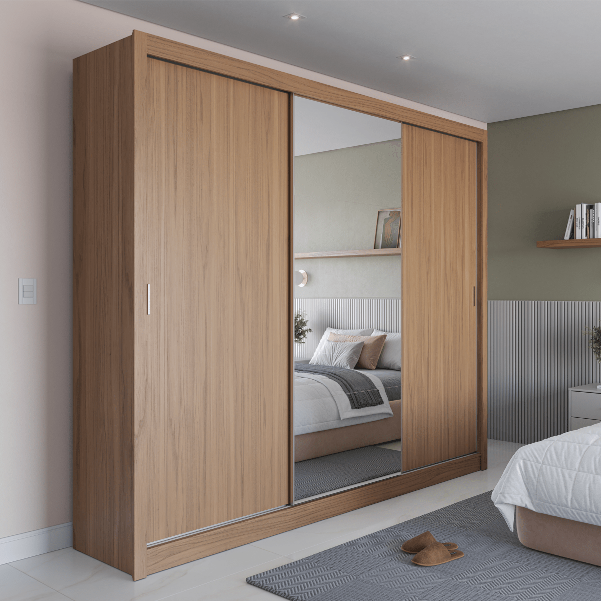 Guarda - Roupa Casal com Espelho 3 Portas de Correr 8 Gavetas Montclair 275 cm Canella com Off - White Fosco - Província - Guarda - roupas