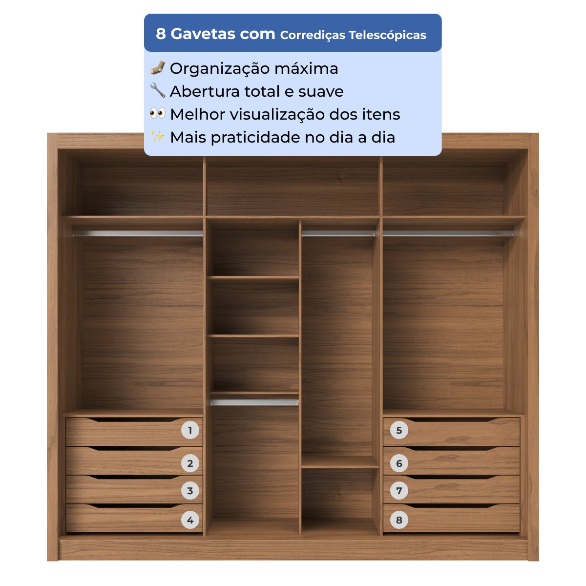 Guarda - Roupa Casal com Espelho 3 Portas de Correr 8 Gavetas Montclair 275 cm Canella com Off - White Fosco - Província - Guarda - roupas