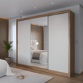 Guarda - Roupa Casal com Espelho 3 Portas de Correr 8 Gavetas Montclair 275 cm Canella com Off - White Fosco - Província - Guarda - roupas