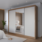 Guarda - Roupa Casal com Espelho 3 Portas de Correr 8 Gavetas Montclair 275 cm Canella com Off - White Fosco - Província - Guarda - roupas