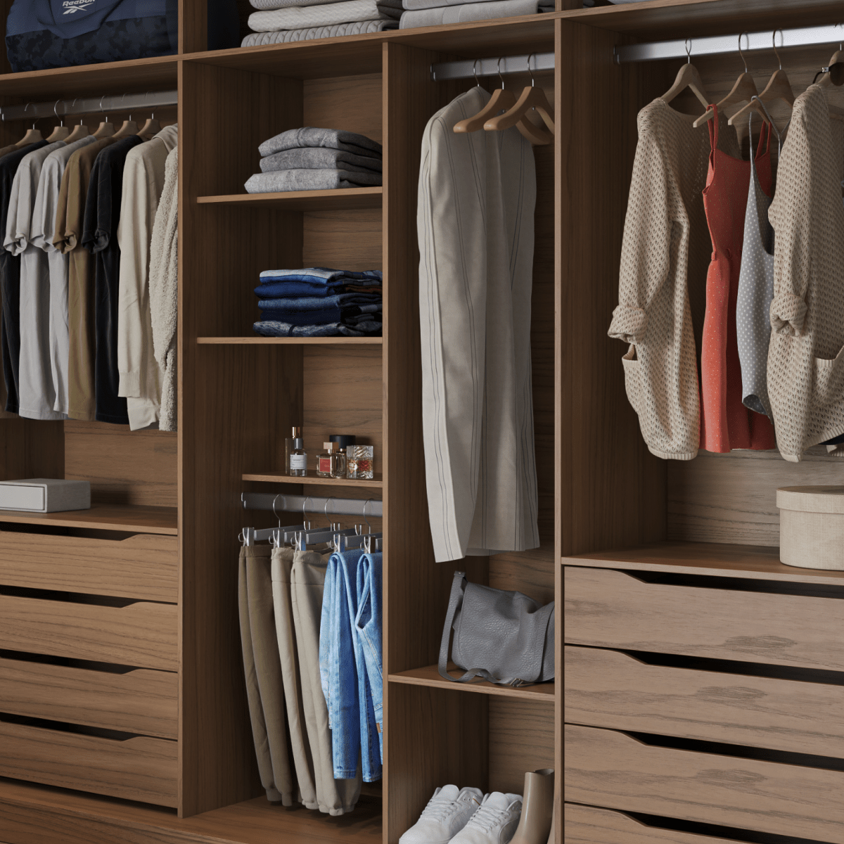 Guarda - Roupa Casal com Espelho 3 Portas de Correr 8 Gavetas Montclair 275 cm Canella com Off - White Fosco - Província - Guarda - roupas