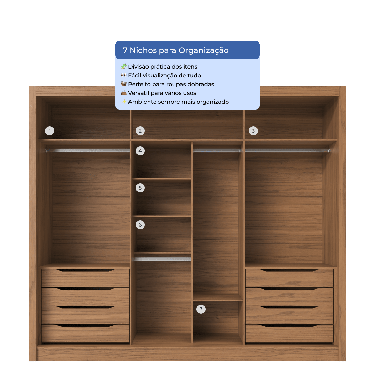 Guarda - Roupa Casal com Espelho 3 Portas de Correr 8 Gavetas Montclair 275 cm Canella com Off - White Fosco - Província - Guarda - roupas