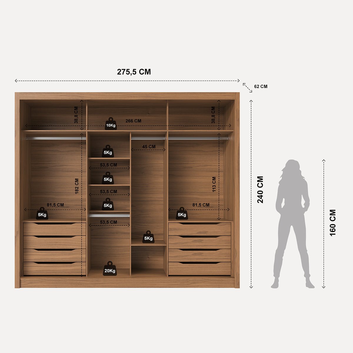 Guarda - Roupa Casal com Espelho 3 Portas de Correr 8 Gavetas Montclair 275 cm Canella com Off - White Fosco - Província - Guarda - roupas